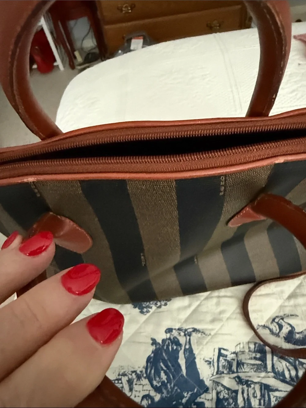 Fendi Women’s Striped Dome Satchel in Brown and Black with Tan Handles